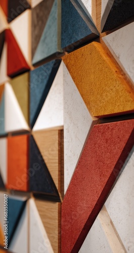 Geometric wall panel design with vibrant colors.  Close-up of triangular and square elements