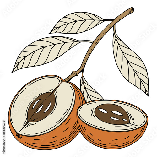 Hand-drawn botanical illustration of an exotic longan fruit on a branch, with a detailed cross-section neatly displaying the inner seed and pulp