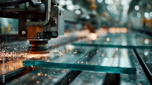 Automated machines cutting glass panels in a factory, producing sparks and showcasing contemporary industrial glass processing techniques with precision and innovation