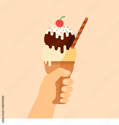Delicious ice cream cone with cherry on top