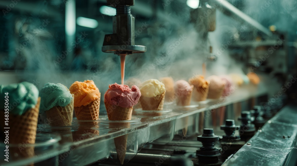 Obraz premium Automated industrial machine pouring strawberry ice cream into waffle cones on factory assembly line, creating a colorful and delicious frozen treat