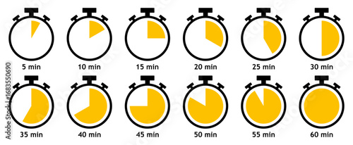 Set of yellow and black stopwatch icons from 5 to 60 minutes. Timer, clock, stopwatch vector icon set from 5 to 60 minutes isolated on white background. Countdown timer vector illustration. 