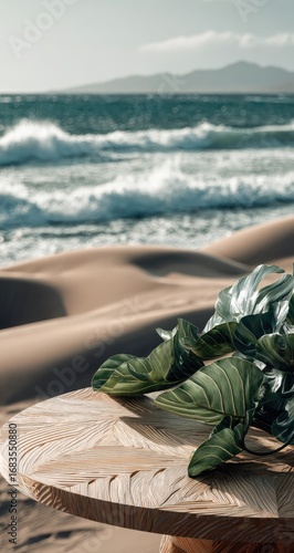 A light-toned wooden table sits on a sandy beach, facing a misty ocean. Lush green tropical leaves rest on the table's surface