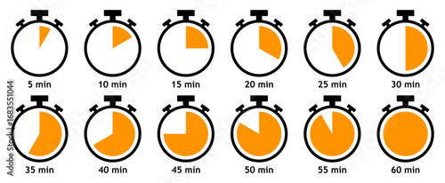 Set of orange and black stopwatch icons from 5 to 60 minutes. Timer, clock, stopwatch vector icon set from 5 to 60 minutes isolated on white background. Countdown timer vector illustration.