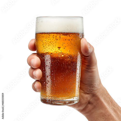 A hand holding a pint of beer with foam, condensation on the glass, isolated on white background.