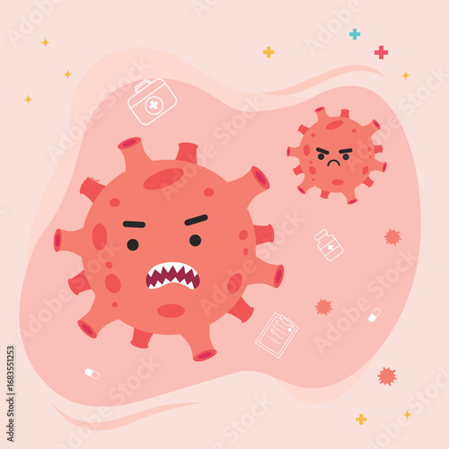 Angry Virus Cartoon Illustration with Medical Icons