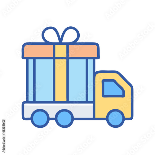 Stylized truck delivering a large gift on black backdrop
