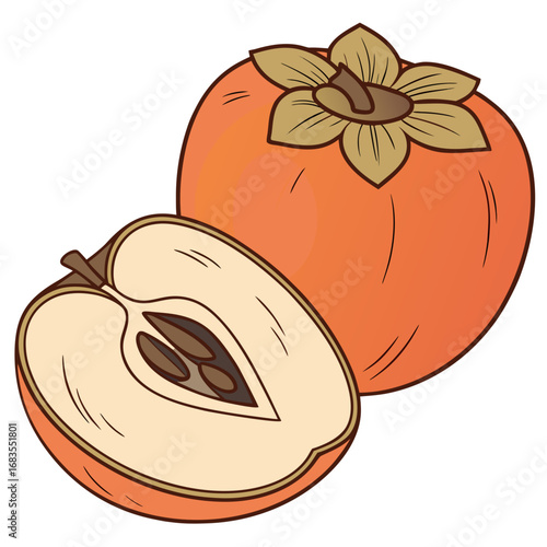 A vibrant orange persimmon fruit, whole and sliced in half to reveal its seeds, depicted in a clear vector illustration on a solid white background