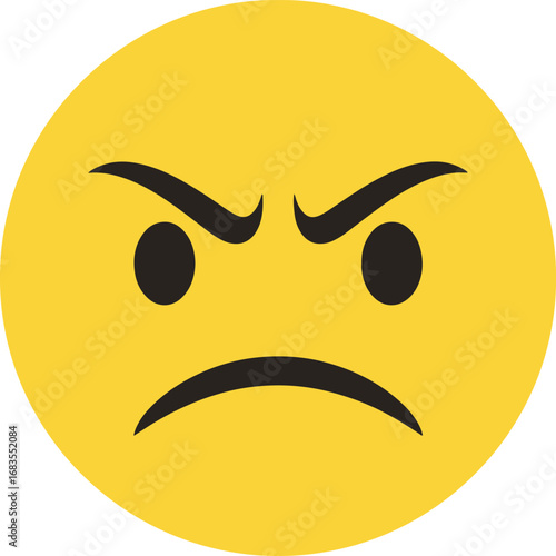 A simple yet expressive yellow circle emoticon dominates the frame. Its furrowed brows and downturned mouth clearly convey a feeling of anger or intense displeasure. 