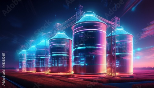 futuristic farm silos with holographic data overlays neon lighting sci fi style