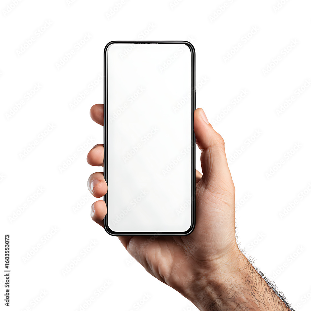 A hand holding a smartphone with blank screen, technology concept, isolated on white background.
