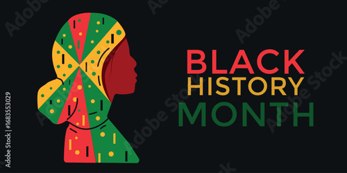 Black history month banner. Woman in color clothes, text on black background. Vector illustration