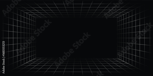 Futuristic perspective grid box. Abstract wireframe with white grid line on black background. Virtual reality landscape in 80s 90s digital style. Vector