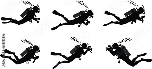 Black silhouette illustration of scuba divers underwater with diving gear, marine exploration vector design, snorkeling and ocean adventure clipart, underwater diving artwork set