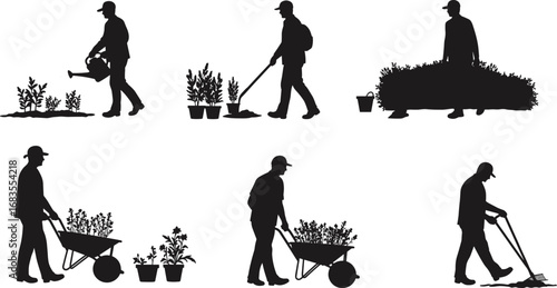 Black silhouette illustration of gardeners working with plants and wheelbarrow, gardening vector design, outdoor landscaping clipart, horticulture planting and cultivation artwork set