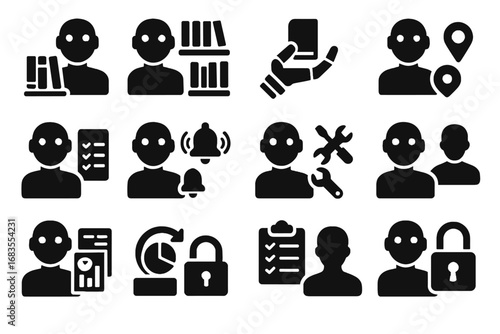 Cataloging lending librarian vector icons generation notification support ai control icon backup