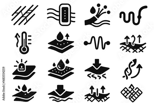 Fabric coatings icons washable regulators embedded smart sensors vector fiber icon stretchable