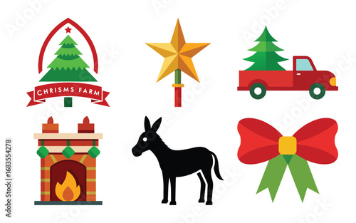 Vector art of collection of christmasthemed flat design icons including a christmas tree farm sign, star topper, truck with tree, fireplace, donkey, and bow