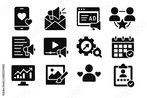 User gallery videos virtual icon seo social press promotional dashboard vector ads