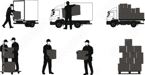 Black silhouette illustration of delivery workers carrying boxes, loading trucks, cargo logistics transport, courier service vector art for shipping and warehouse design