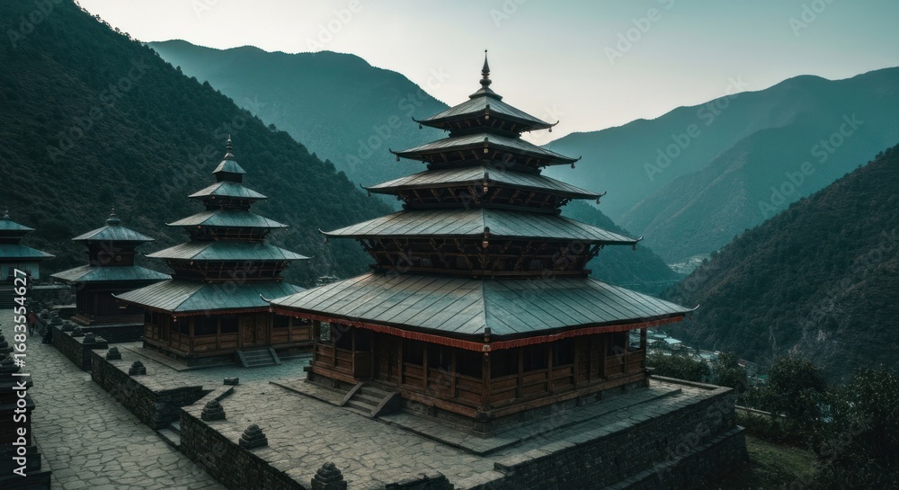 Obraz premium Ancient temples nestled in a valley, surrounded by misty mountains