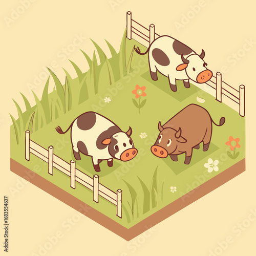 Charming isometric illustration of three cute cartoon cows grazing peacefully in a grassy, fenced pasture on a farm