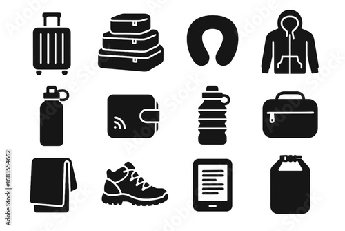 Vector travel suitcase neck shoes icon gear pillow bottle cubes nomad packing
