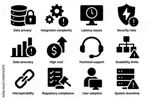 Technical regulatory downtime accuracy compliance issues privacy twin icon virtual vector latency