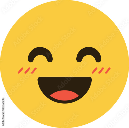 This vibrant pixel art illustration depicts a cheerful, cartoon-style smiley face with rosy cheeks and a wide, open mouth, expressing pure joy and happiness.