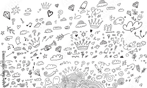 Whimsical doodle collection with crowns, hearts, and music notes