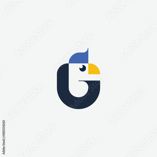 A playful and clever logo of a parrot forming the letter 'G'. The design is vibrant and friendly, perfect for children's brands, nature apps, or creative services.