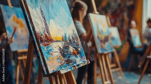 A vibrant art class scene showing students immersed in painting on easels, complete with brushes and colorful palettes.