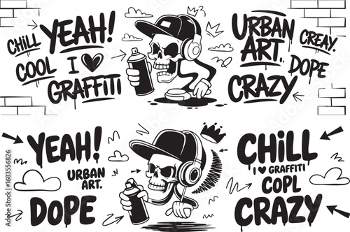 Graffiti art with a cool skull character spraying paint, surrounded by urban slang and clouds.