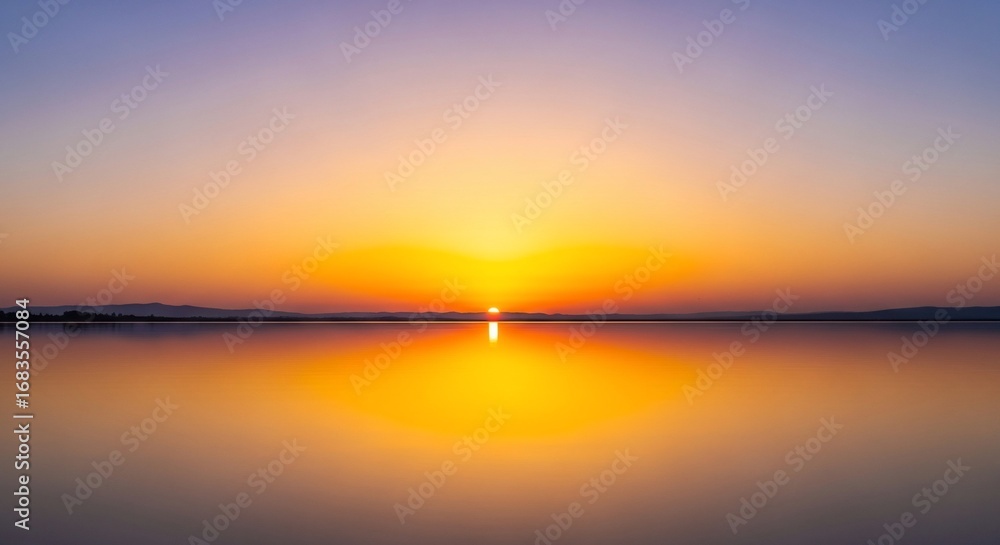 Naklejka premium Calm, tranquil sunset over a still lake, reflecting the fiery colors of the sky.