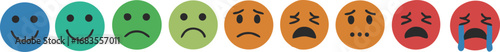 A spectrum of emotions displayed through colorful smiley faces, ranging from happiness to sadness and anger.