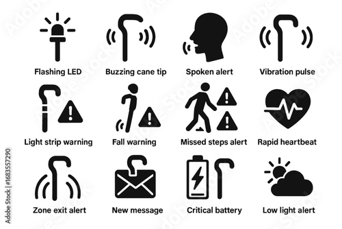 Vector flashing pulse smart spoken critical warning cane icon exit alert light