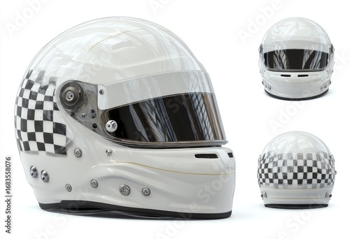 Three views of a white racing helmet with checkered flag design