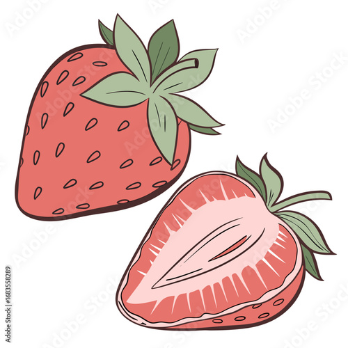 A vibrant illustration of a whole ripe strawberry and a sliced half, showcasing its juicy interior, isolated on a clean white background