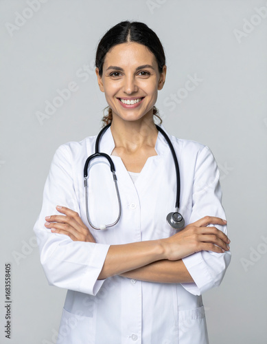 Smiling female doctor with stethoscope and crossed arms