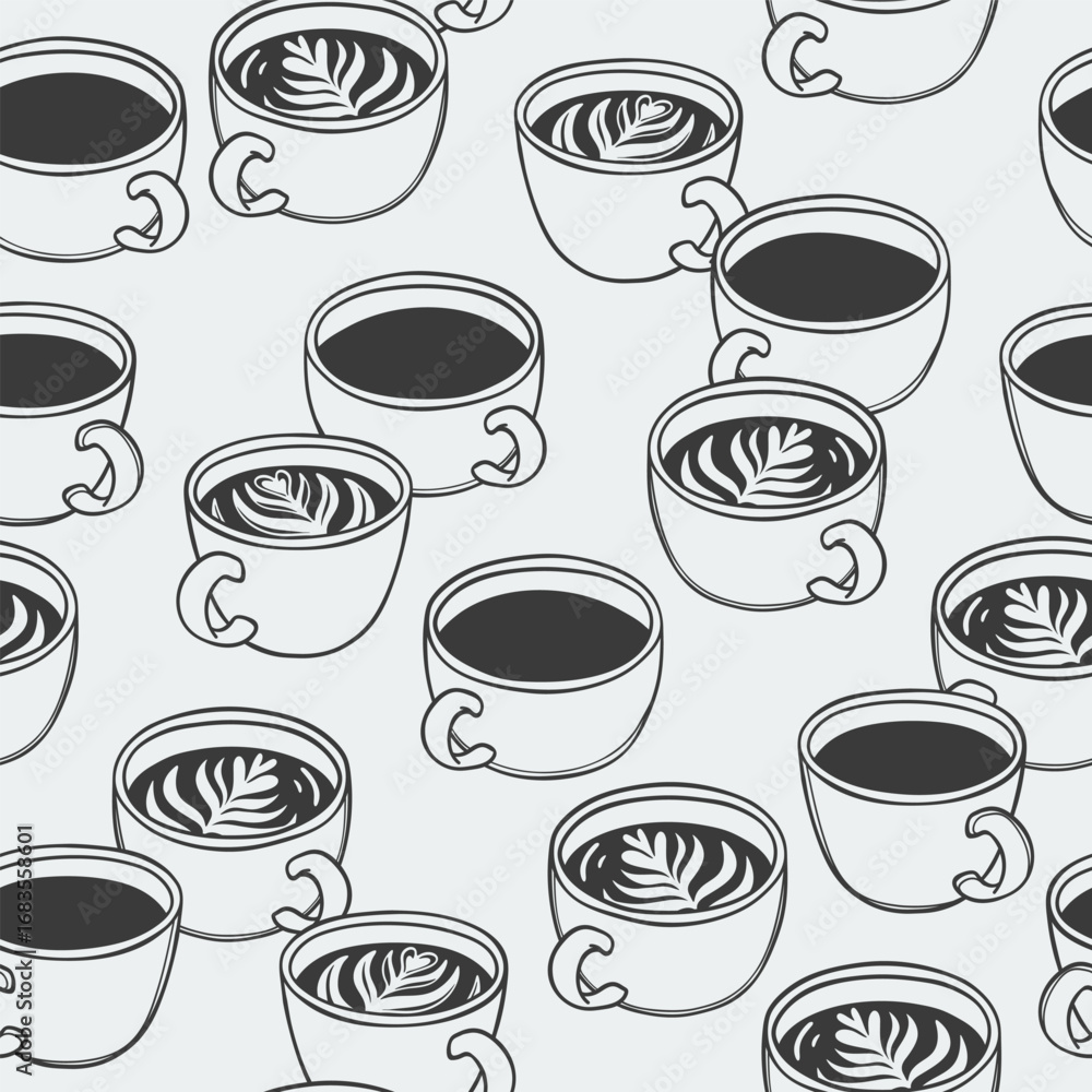 Obraz premium Hand drawn seamless pattern of coffee cups. Doodle background with morning hot drink in sketch style. Vintage linear design for poster, print, wrapping paper, menu, wallpaper, fabric