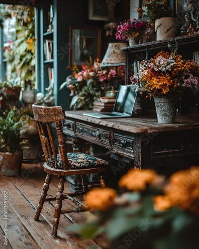 Wooden desk with flowers and chair in a flower shop.