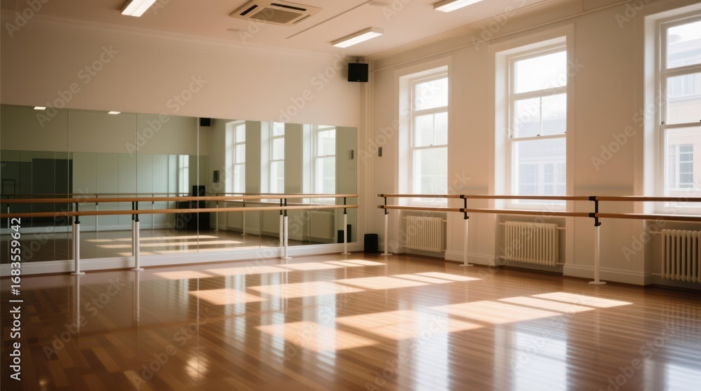 Fototapeta premium Empty dance studio with polished wooden floor, mirrors, and ballet bars. Sunlight streams in through large windows