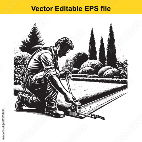 Gardener kneeling and trimming lawn edge with string trimmer, black and white illustration
