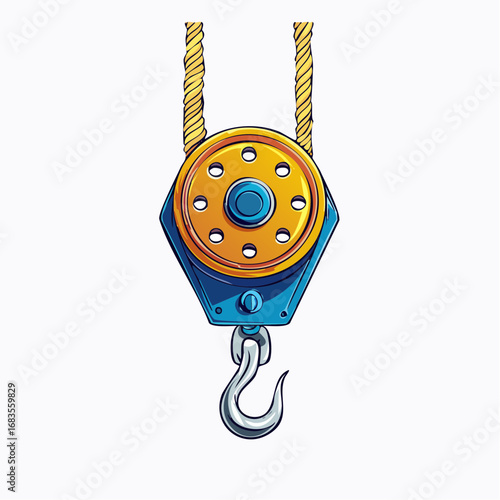 Colorful cartoon illustration of a heavy-duty industrial crane hook and pulley block system for lifting and construction