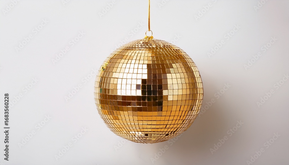 Obraz premium hanging golden disco ball on pure white background n party and celebration concept