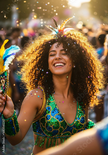 Mulher sorridente dançando no Carnaval com fantasia colorida