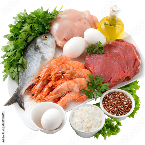 A bountiful assortment of fresh seafood, poultry, red meat, eggs, rice, and olive oil on a white plate, perfect for a healthy meal