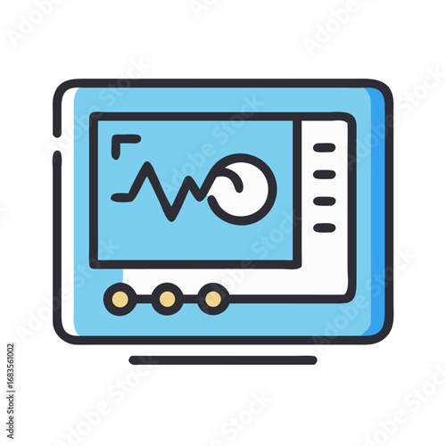 Stylized cardiac monitor displaying heartbeat rhythm on blue screen