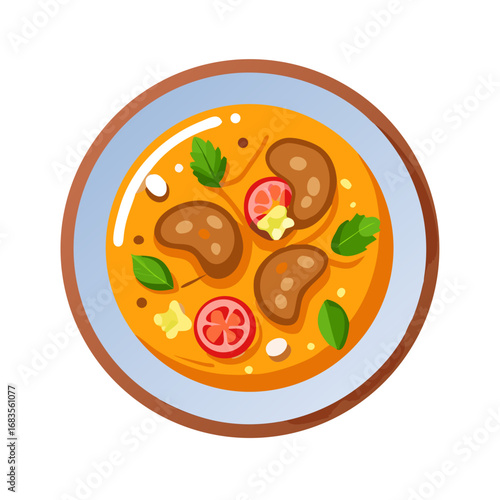 Illustration of hearty stew with vegetables in cartoon style