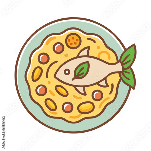 Fish dish with garnishes on a light teal plate